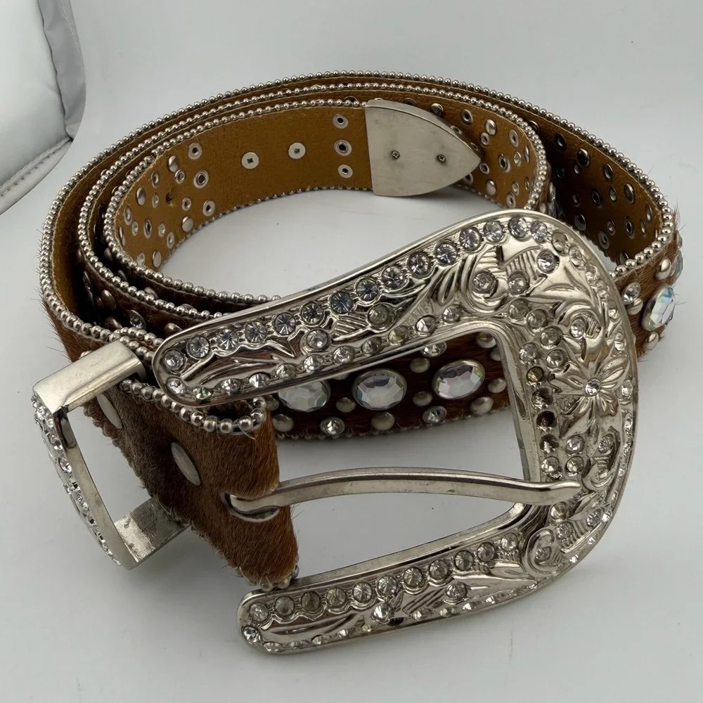 WholesalebyATLAS Western Belt XL Brown Excellent Crystal Studded Hair-on-Hide